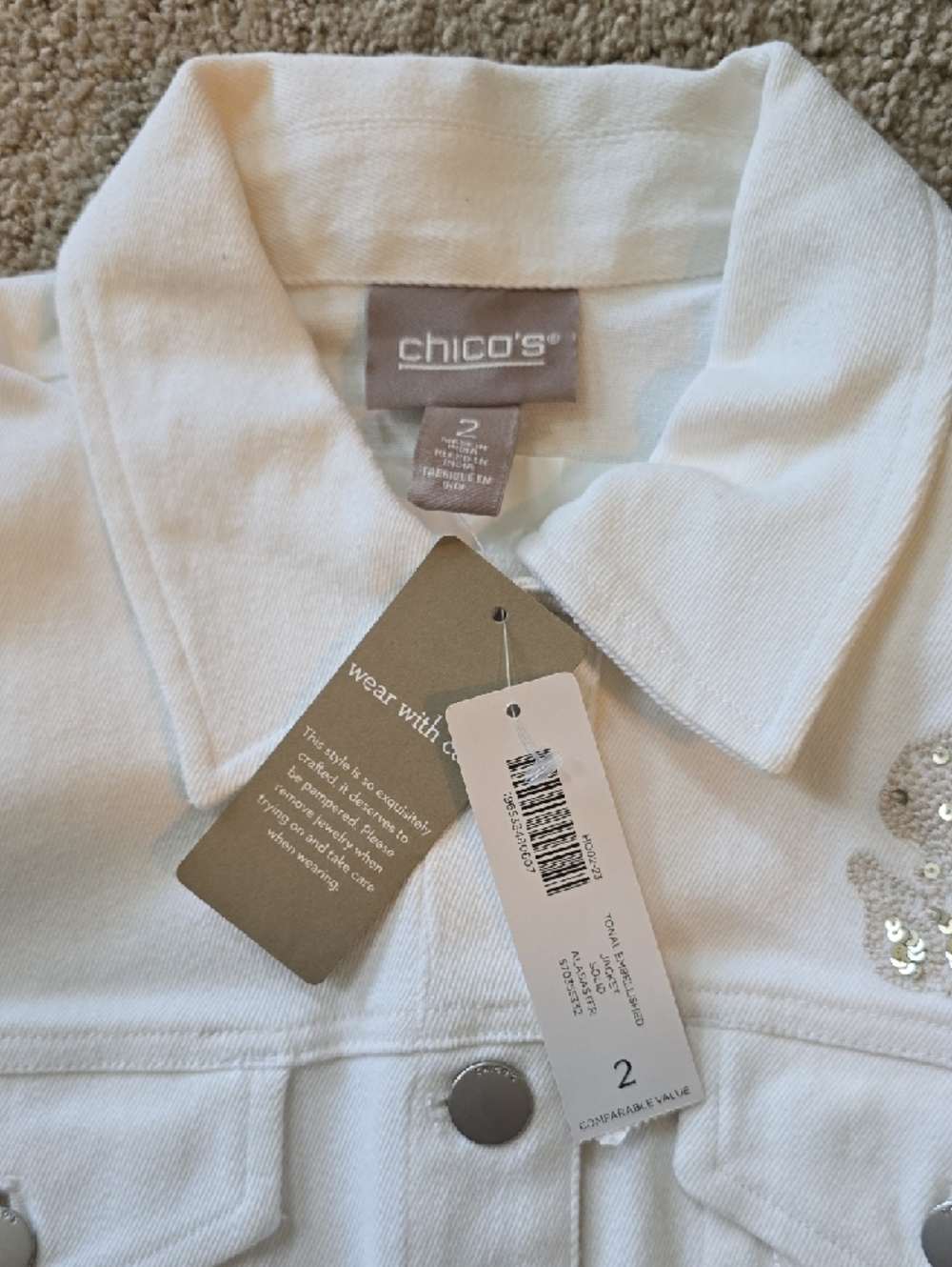Chico's White Embellished Jean Jacket - Picture 3 of 3